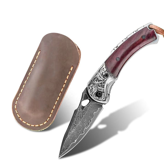 2.83 in Japanese Folding Pocket Knife,67 Layers Damascus Steel,Rosewood Handle,Liner Lock,Leather Sheath