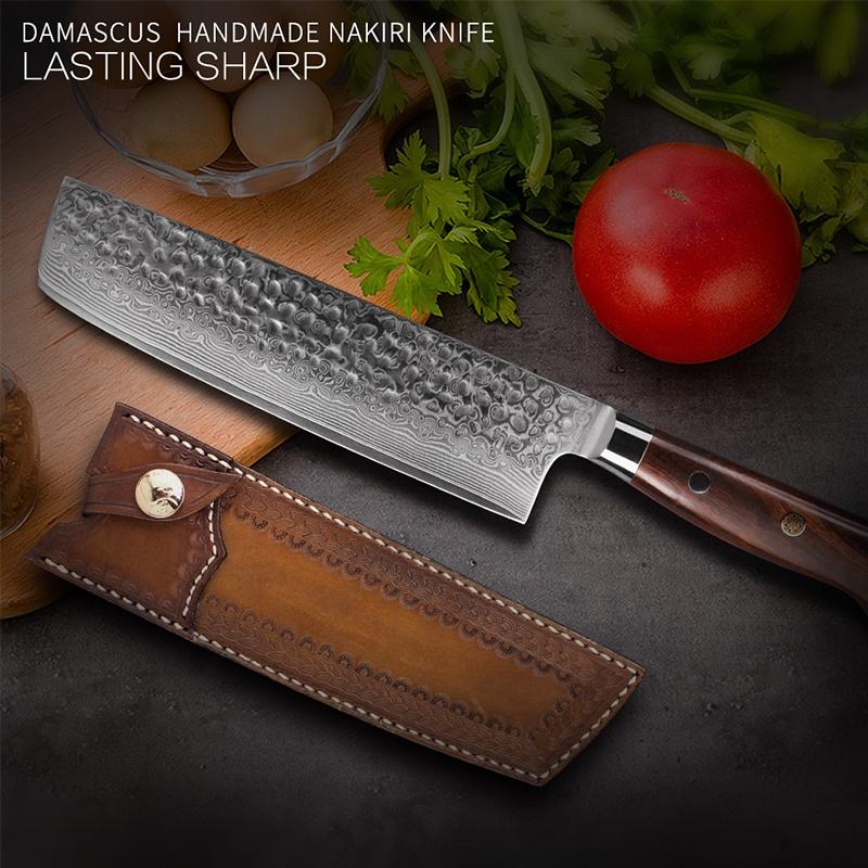 7 Inch Full Tang Nakiri Chef Knife, Damascus Steel Blade, Desert Ironwood Handle