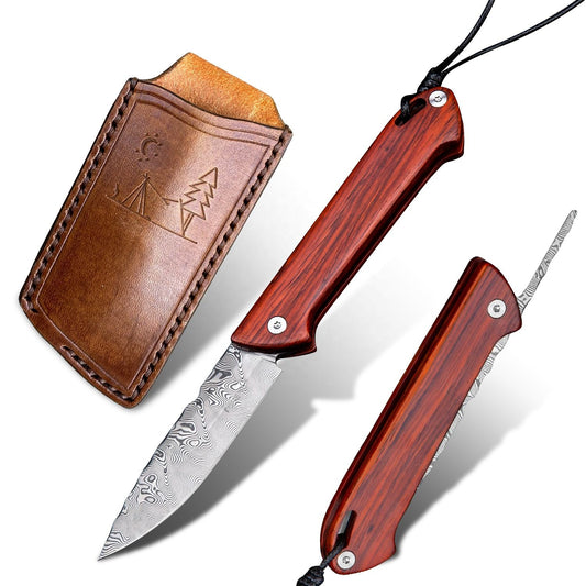 3.1 inch Handmade EDC Pocket Knife, Damascus Steel Blade, Rosewood Wooden Handle