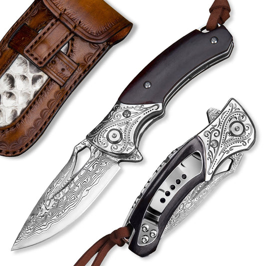 2.9 Inch Japanese Handmade Folding Knife with Pocket Clip,Vg10 Damascus Steel ,Leather Sheath,Rosewood Handle