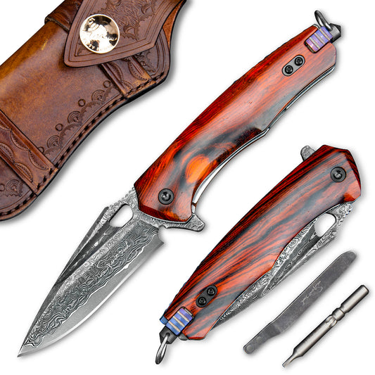 3 Inch Japanese Pocket Folding Knife,Vg10 Damascus Steel ,Rosewood Handle,Leather Sheath