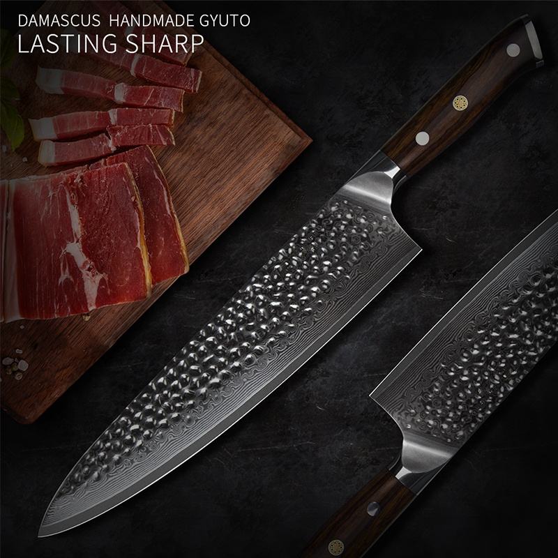 8.5 Inch Full Tang Kitchen  Gyuto Knife, 73 Layers Damascus Steel, VG10 Steel Core, Iron Wood