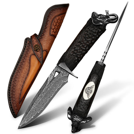 Auspicious Elephant 3.9 Inch Outdoor Full Tang Fixed Blade Knife,  VG10 Damascus Steel, Ebony Wood