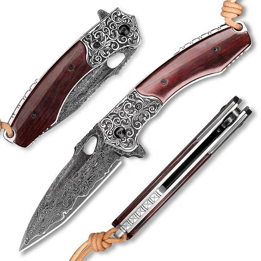 3.7 Inch Forging Handmade Edc Pocket Knives, Vg10 Damascus Steel,Rosewood Handle,Leather Sheath