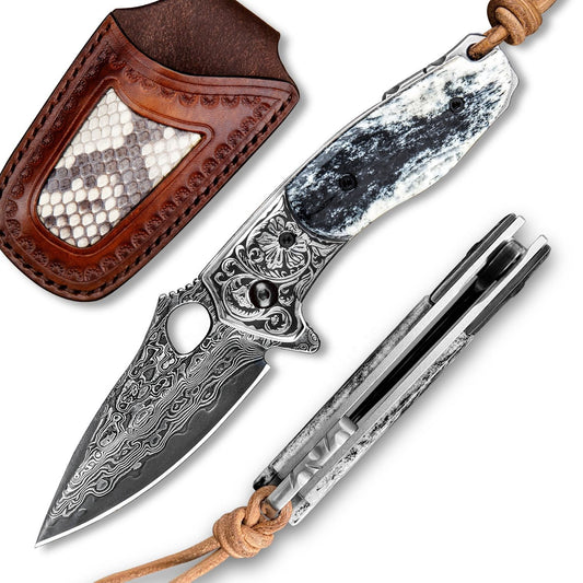 2.5in Japanese Handmade Folding Knives,VG10 Damascus Steel,Bone Handle,Liner Lock,Leather Sheath