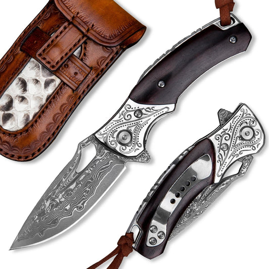 2.9 Inch Outdoor Japanese Folding Pocket Knives,Vg10 Damascus Steel,Rosewood Handle,Pocket Clip