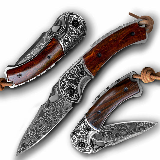 2.7 in Japanese Folding Pocket Knife,103 Layers Damascus Steel,Rosewood Handle,Liner Lock,Leather Sheath