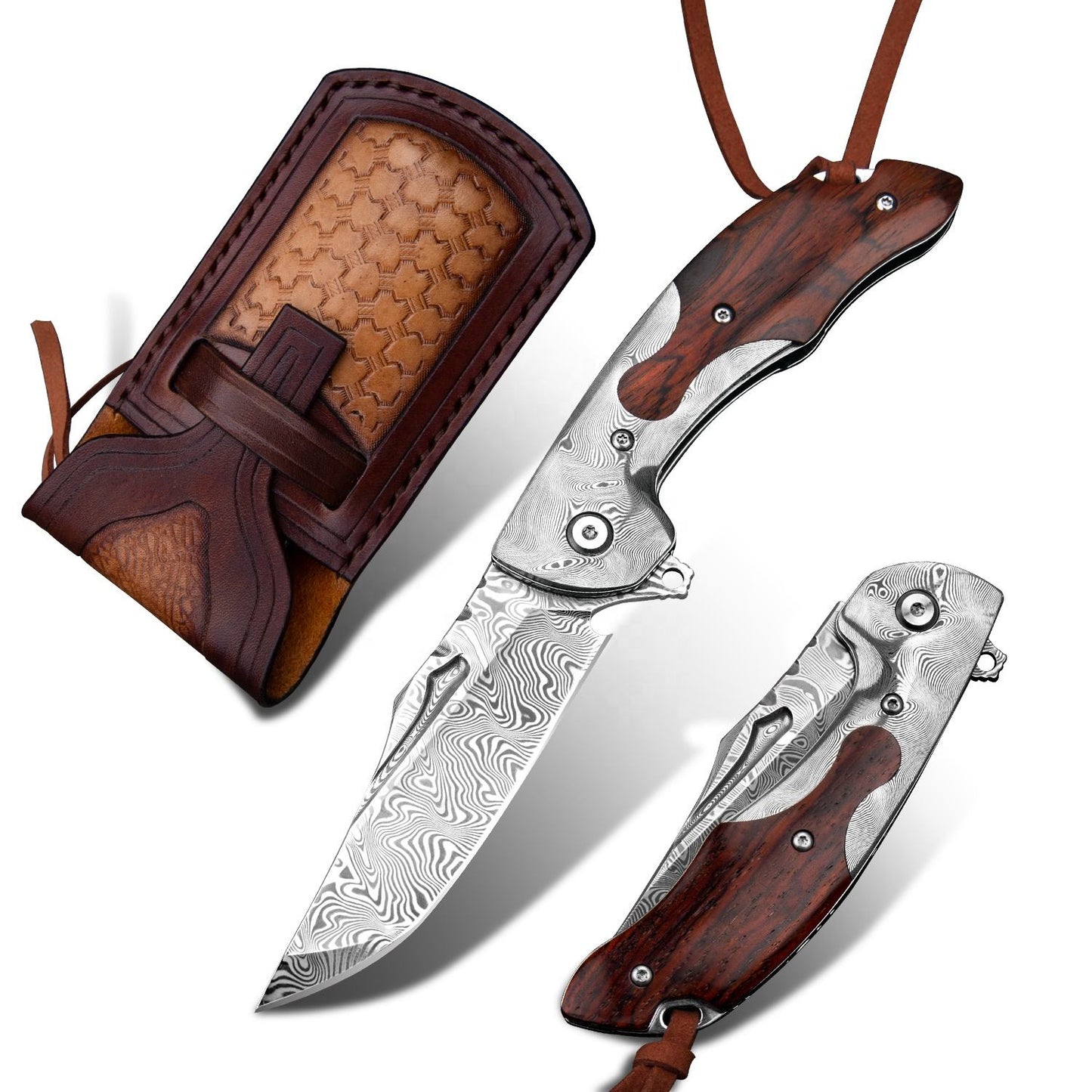 3.4 in Japanese Handmade Folding Pocket Knife,110 Layers Damascus Steel,Rosewood Handle,Liner Lock,Leather Sheath