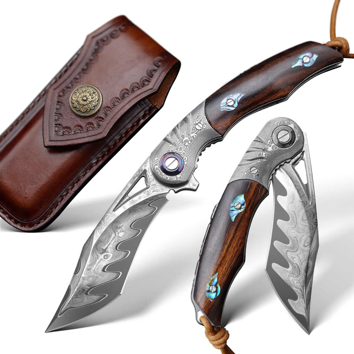 3.7 Inch Outdoor Survival EDC Folding Knife, Composite Triplet Steel, Desert Iron Wood Handle