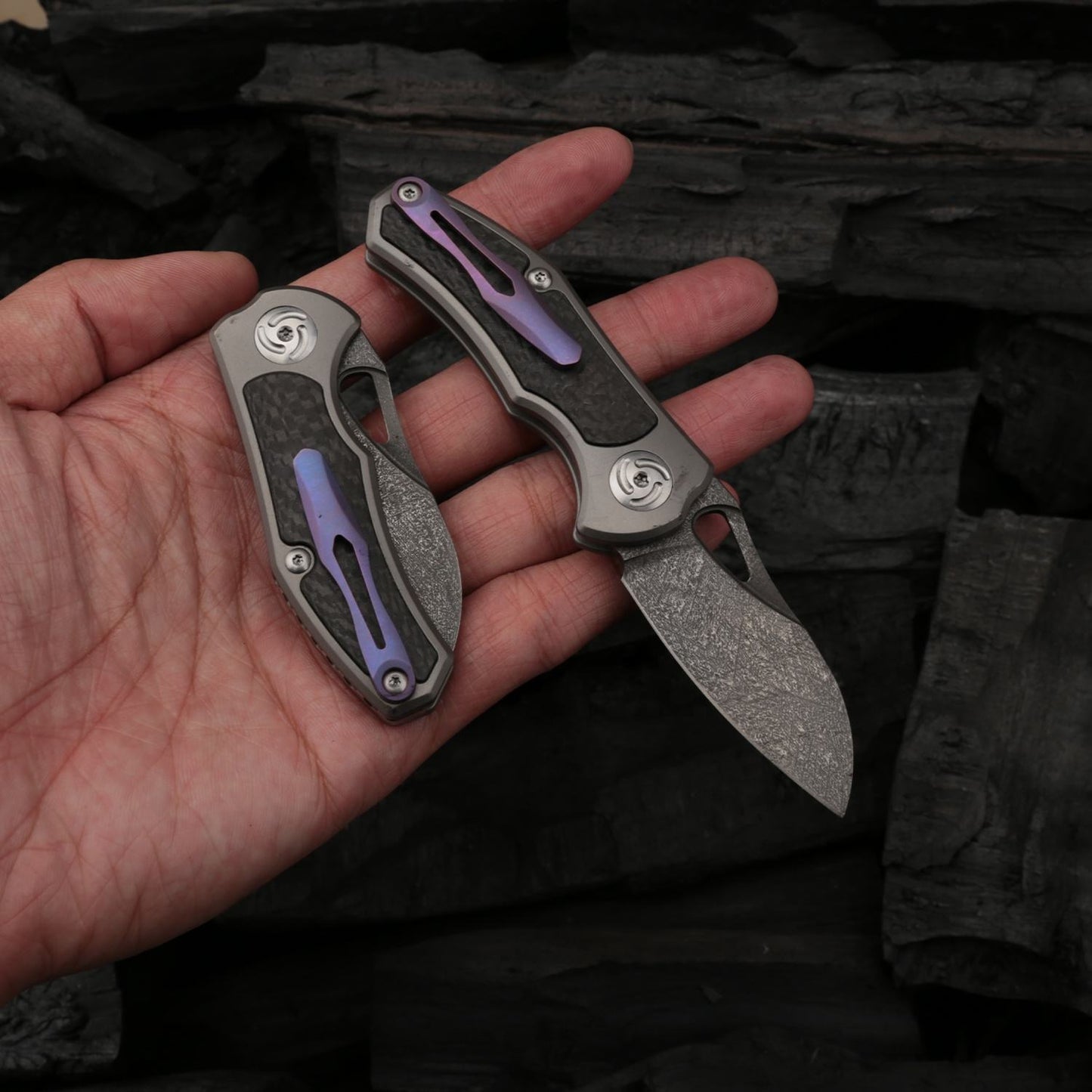 Japanese Mini Pocket Folding Knives, Wootz steel,Titanium and carbon fiber Handle