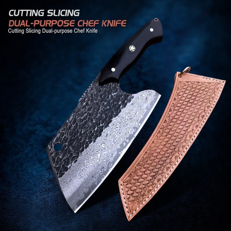 7 Inch Full Tang Damascus Chopper Knife,73 Layers Damascus Steel, Ebony Wood Handle