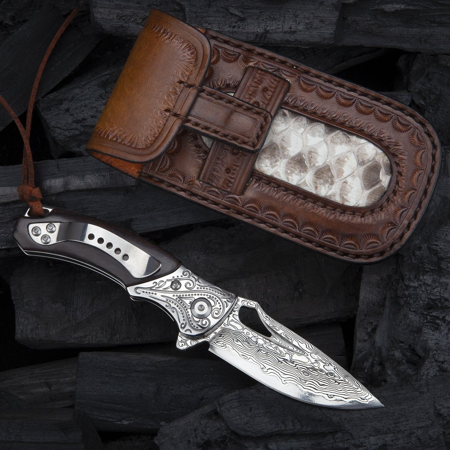 2.9 Inch Japanese Handmade Folding Knife with Pocket Clip,Vg10 Damascus Steel ,Leather Sheath,Rosewood Handle