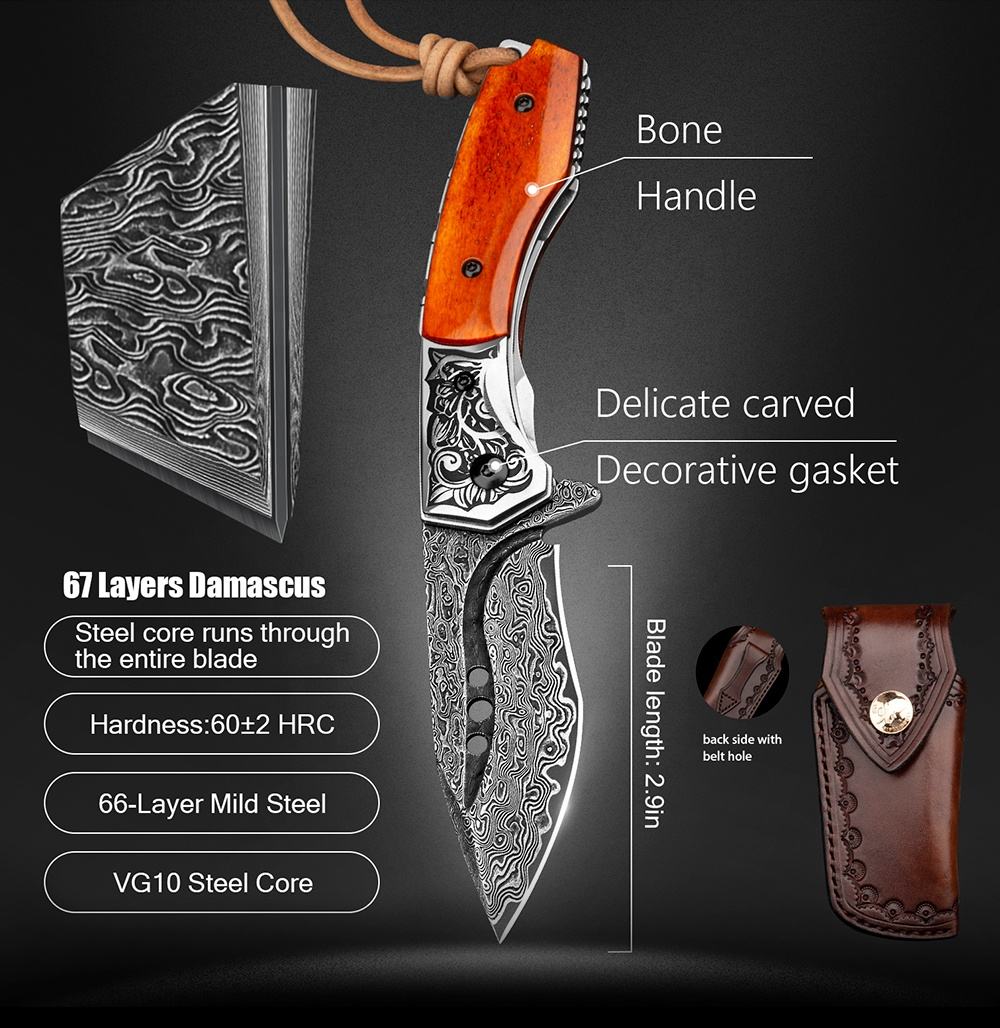 3.1 Inch Camping Folding Knife, 67 Layers Damascus Steel Blade,Bone Handle