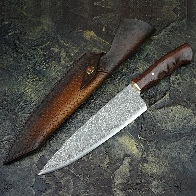 7.5 Inch Full Tang Damascus Steel Chef Knife,VG10 Steel Core, Acid Branch Wood