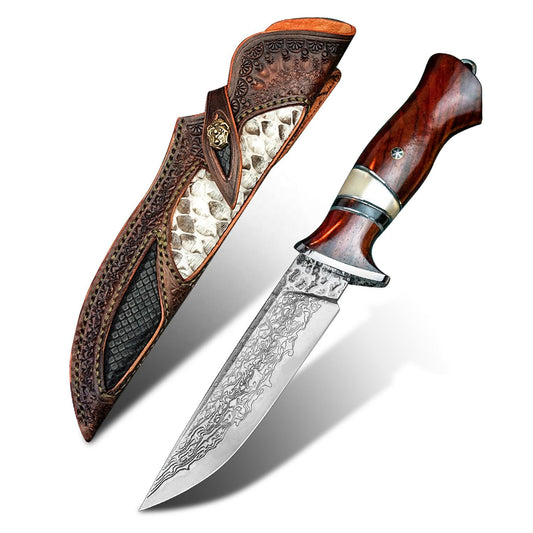 3.86 Inch Outdoor Fixed Blade Bowie Knife, 67 Layers VG10 Steel, Rosewood and Ebony Wood