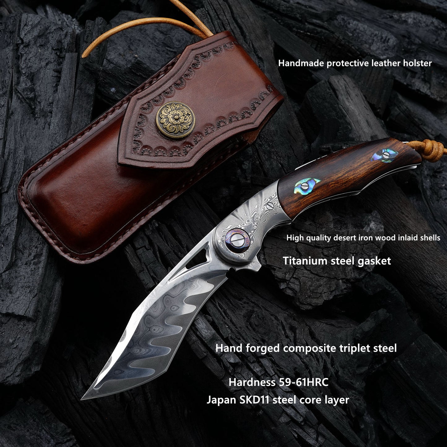 3.7 Inch Outdoor Survival EDC Folding Knife, Composite Triplet Steel, Desert Iron Wood Handle