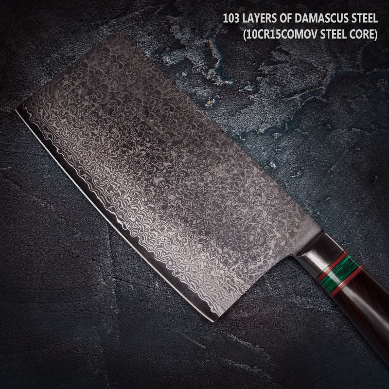 7 Inch Japanese Chopping Chopper Knife,103 Layers Damascus Steel,Black Sandalwood + Turquoise+G10 Handle