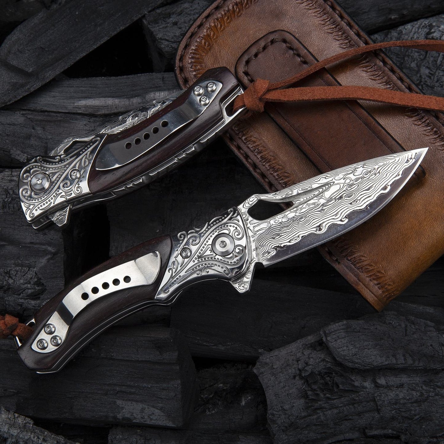 2.9 Inch Japanese Handmade Folding Knife with Pocket Clip,Vg10 Damascus Steel ,Leather Sheath,Rosewood Handle