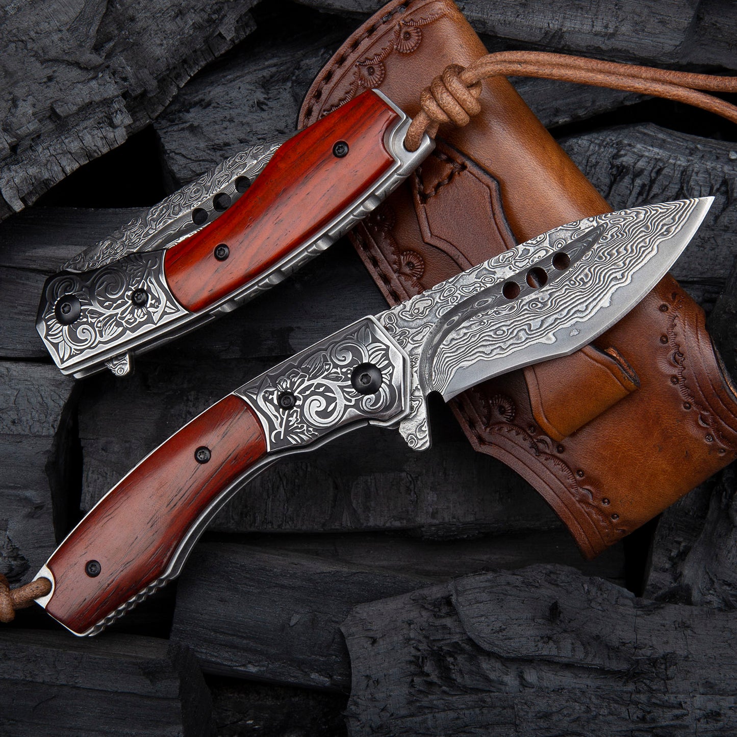 3.1 Inch Camping Folding Knife, 67 Layers Damascus Steel Blade,Rosewood Handle