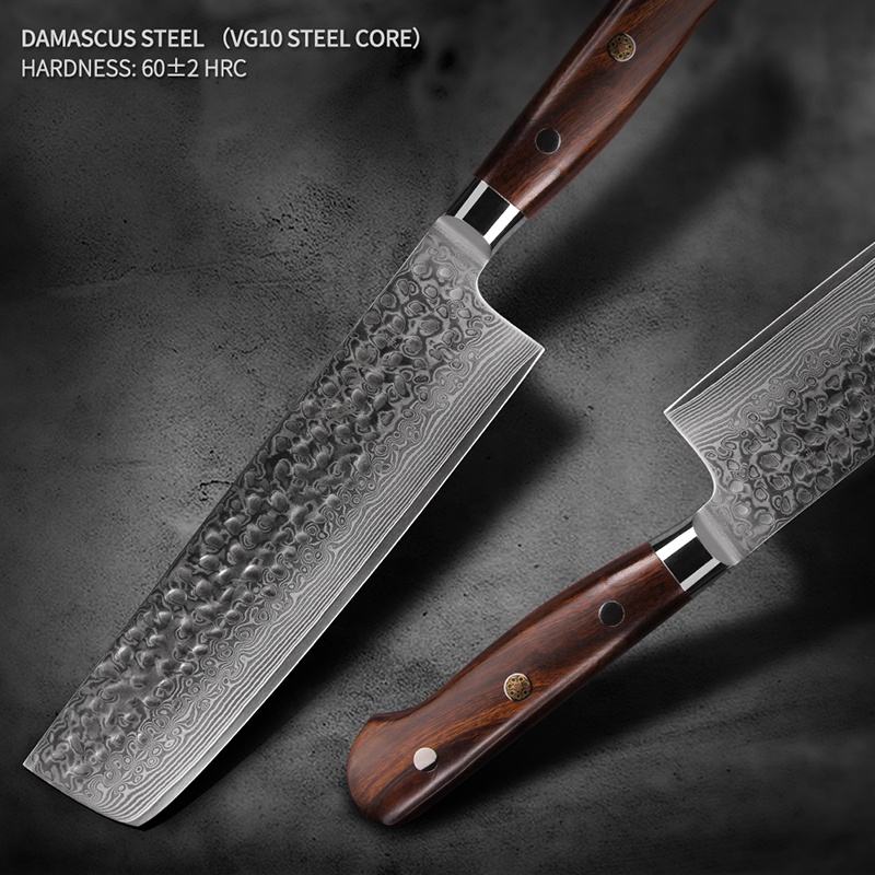 7 Inch Full Tang Nakiri Chef Knife, Damascus Steel Blade, Desert Ironwood Handle