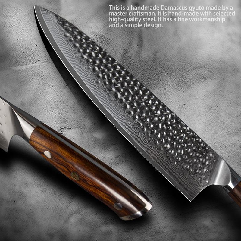 8.5 Inch Full Tang Kitchen  Gyuto Knife, 73 Layers Damascus Steel, VG10 Steel Core, Iron Wood