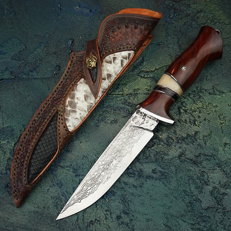 3.86 Inch Outdoor Fixed Blade Bowie Knife, 67 Layers VG10 Steel, Rosewood and Ebony Wood