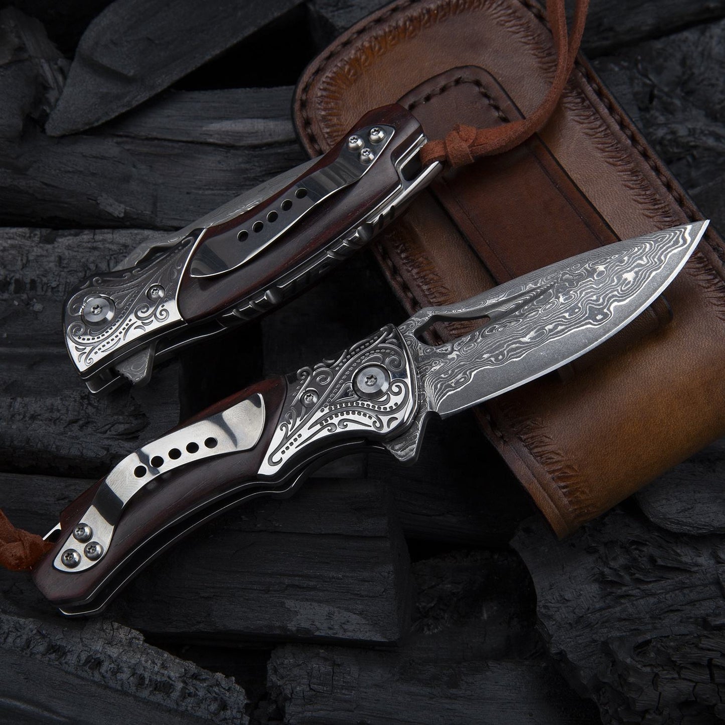 2.9 Inch Outdoor Japanese Folding Pocket Knives,Vg10 Damascus Steel,Rosewood Handle,Pocket Clip