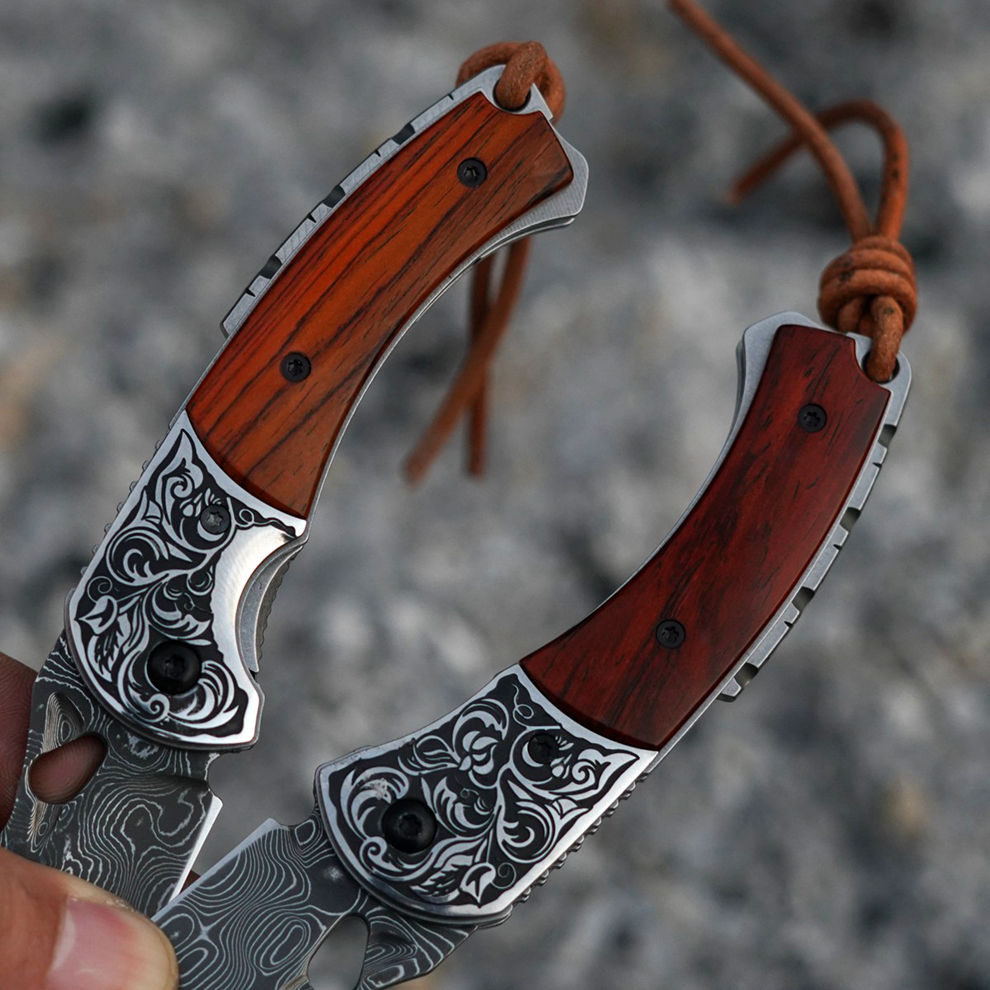 2.7 in Japanese Folding Pocket Knife,103 Layers Damascus Steel,Rosewood Handle,Liner Lock,Leather Sheath