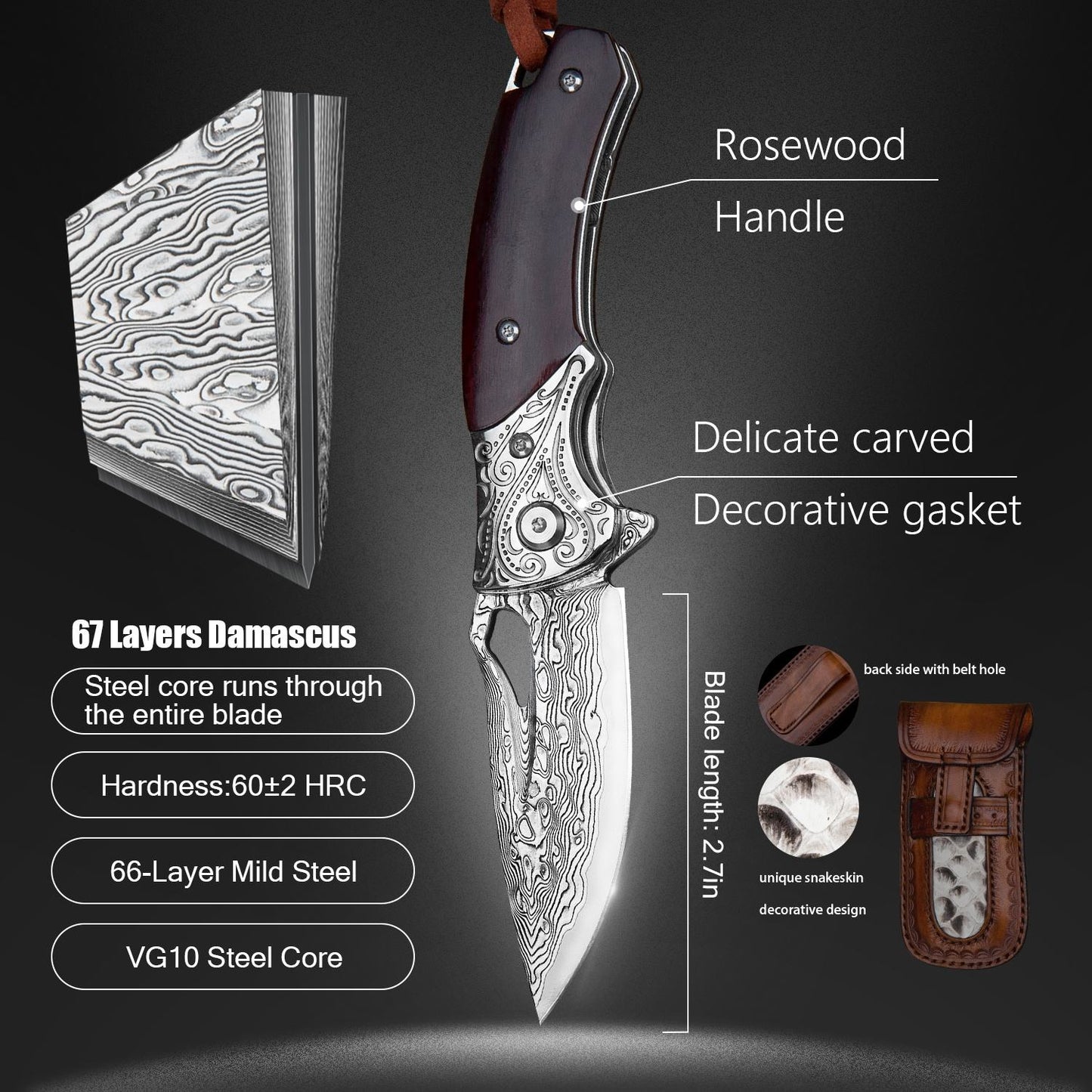 2.9 Inch Japanese Handmade Folding Knife with Pocket Clip,Vg10 Damascus Steel ,Leather Sheath,Rosewood Handle