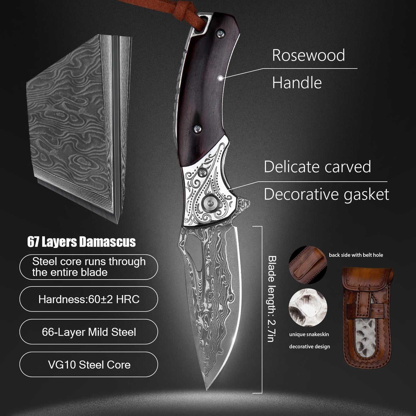 2.9 Inch Outdoor Japanese Folding Pocket Knives,Vg10 Damascus Steel,Rosewood Handle,Pocket Clip