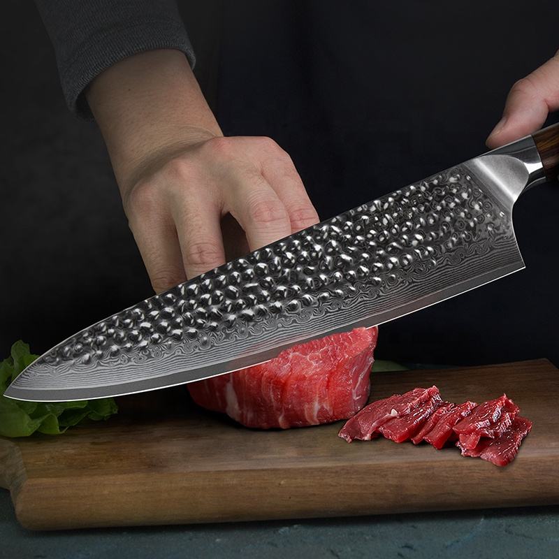 8.5 Inch Full Tang Kitchen  Gyuto Knife, 73 Layers Damascus Steel, VG10 Steel Core, Iron Wood