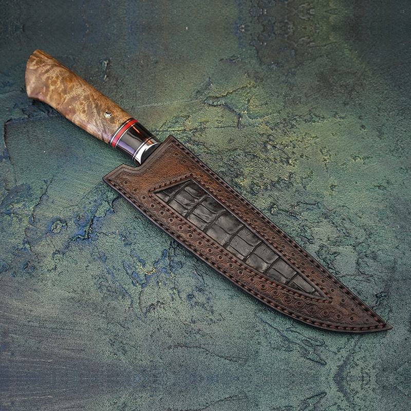 6.8 Inch Japanese Handmade Chef Knife,Damascus Steel Blade, Burl Wood Handle, Leather Case