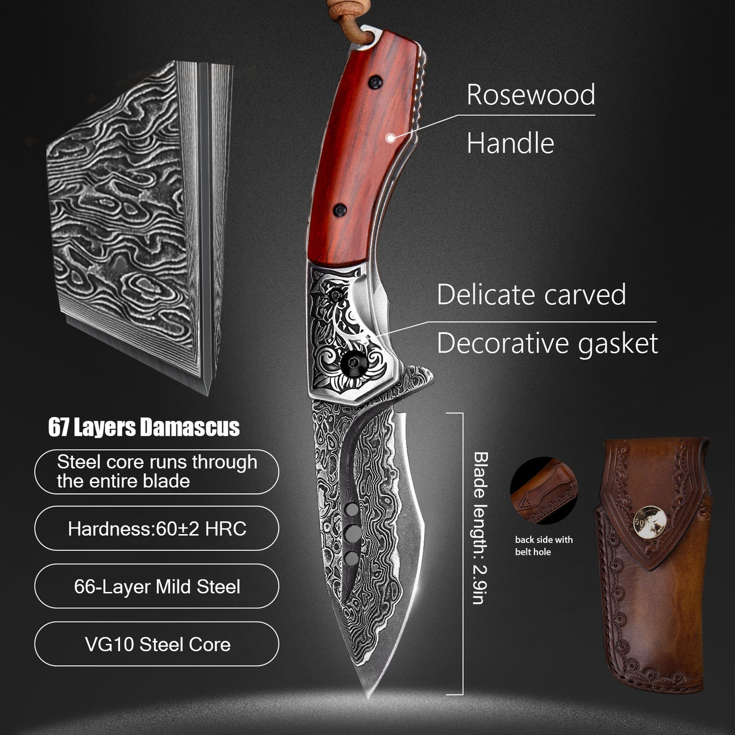 3.1 Inch Camping Folding Knife, 67 Layers Damascus Steel Blade,Rosewood Handle