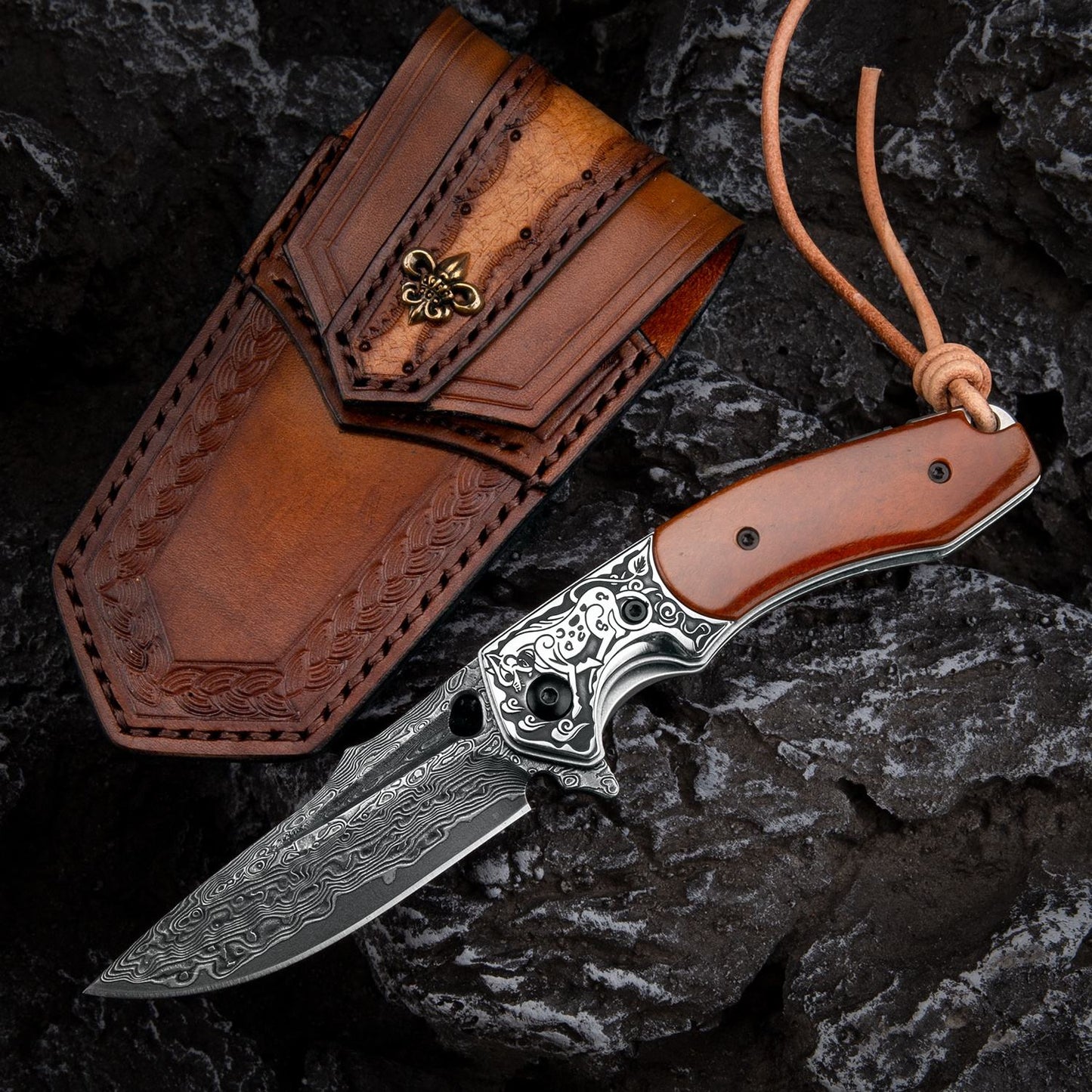 3inch Handmade EDC Pocket Knife, Damascus Steel Blade, Wooden Handle, Liner Lock, Sheath