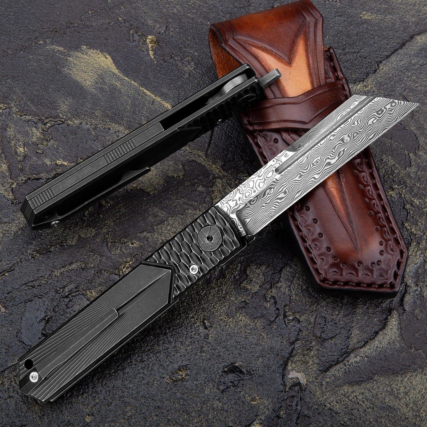 3.3 Inch Japanese Higonokami Folding Knife,103 Layers Damascus Steel,Titanium Handle