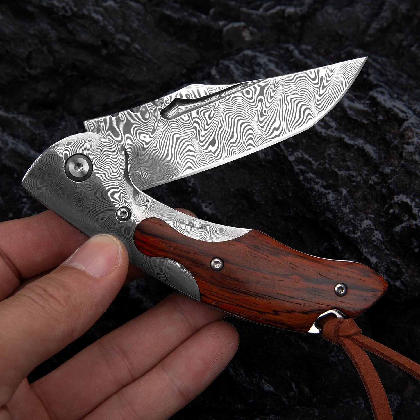 3.4 in Japanese Handmade Folding Pocket Knife,110 Layers Damascus Steel,Rosewood Handle,Liner Lock,Leather Sheath