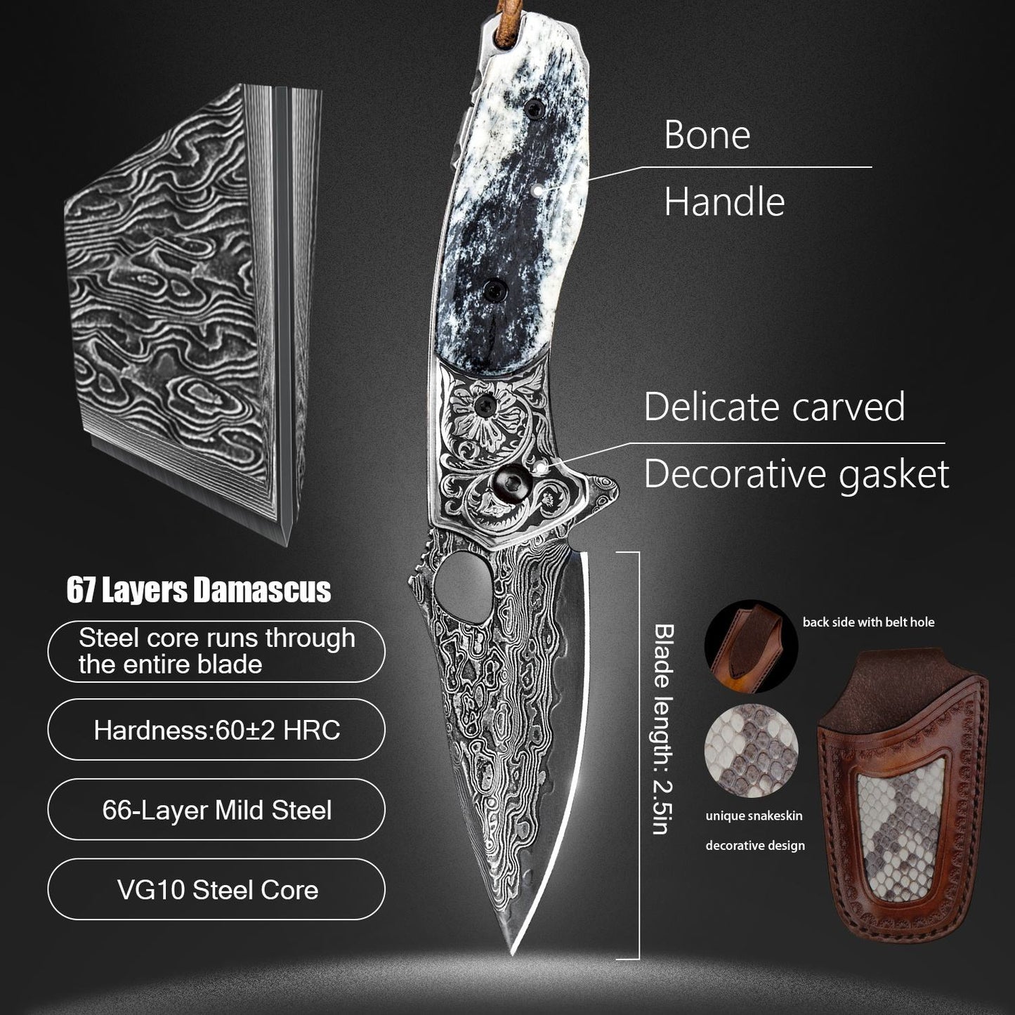 2.5in Japanese Handmade Folding Knives,VG10 Damascus Steel,Bone Handle,Liner Lock,Leather Sheath