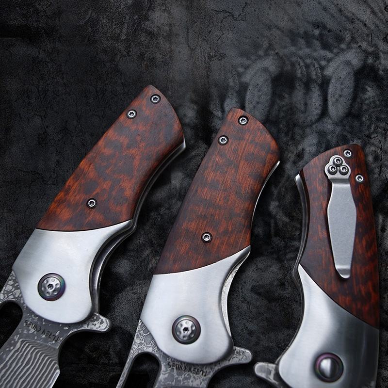 3 Inch Outdoor Survival Folding Hunting Knives Pocket Knife,Damascus Steel, Snakewood Handle