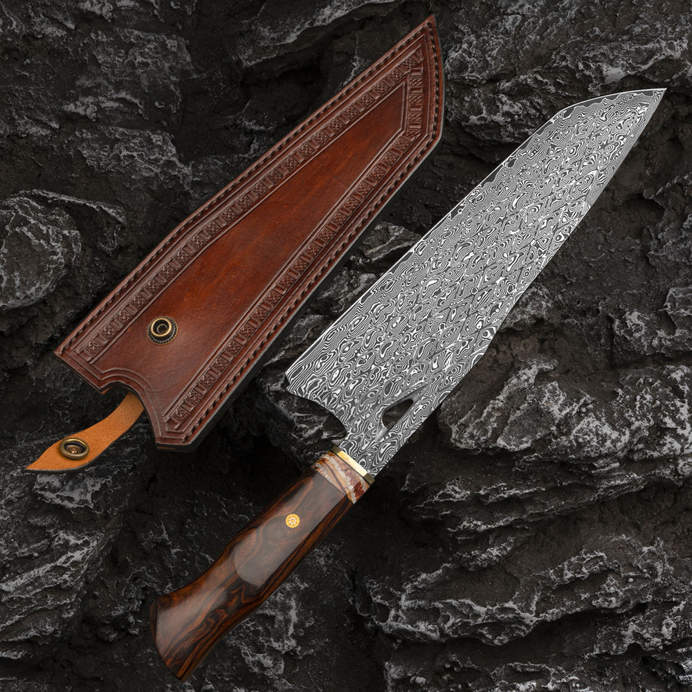 8 Inch Japanese Kitchen Knife, Vg 10 Core Damascus Steel, Desert Iron Wood Handle