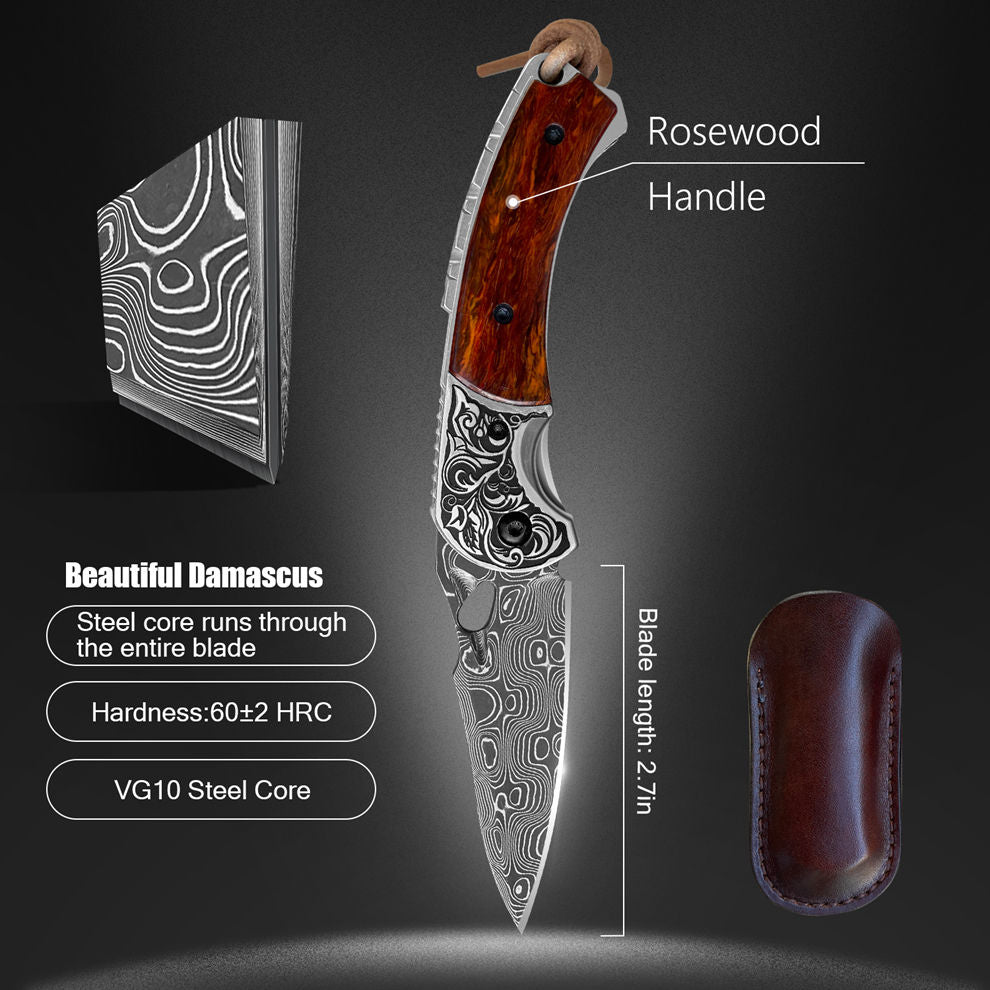 2.7 in Japanese Folding Pocket Knife,103 Layers Damascus Steel,Rosewood Handle,Liner Lock,Leather Sheath