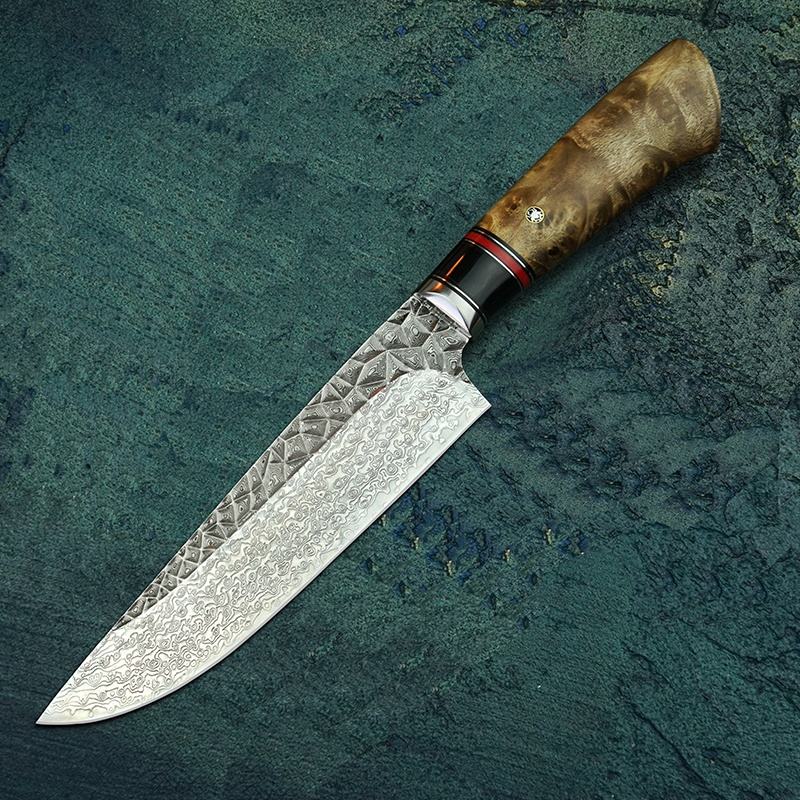 6.8 Inch Japanese Handmade Chef Knife,Damascus Steel Blade, Burl Wood Handle, Leather Case