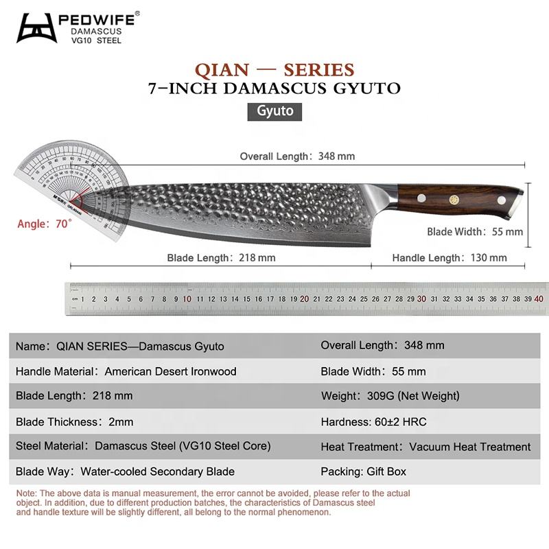 8.5 Inch Full Tang Kitchen  Gyuto Knife, 73 Layers Damascus Steel, VG10 Steel Core, Iron Wood