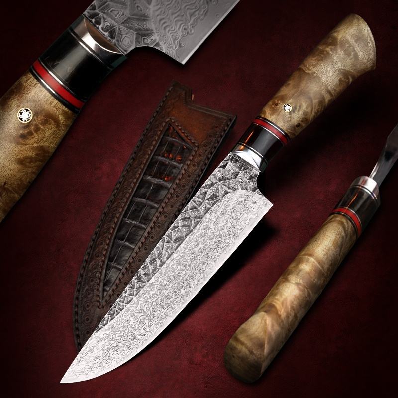 6.8 Inch Japanese Handmade Chef Knife,Damascus Steel Blade, Burl Wood Handle, Leather Case