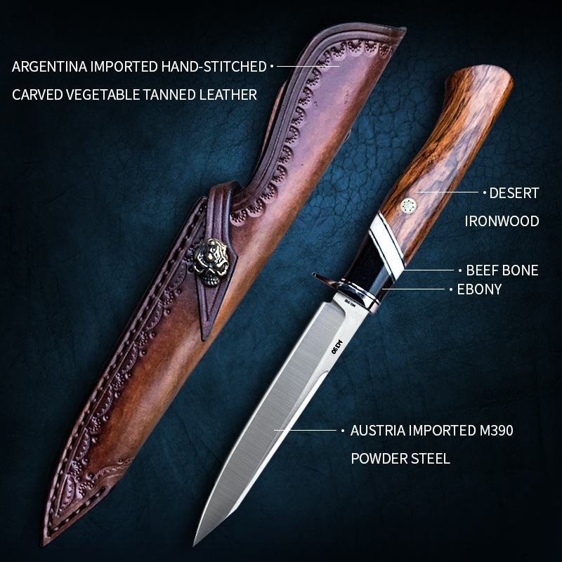 3.86Inch Camping Outdoors Fixed Blade Knife，M390 Steel Blade，Ebony and Desert Iron Wood Handle