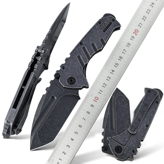 Outdoor Unique EDC  Folding Knife, Assisted Open Aus-8 Steel  Black Stone Wash Black Blade, Steel Handle