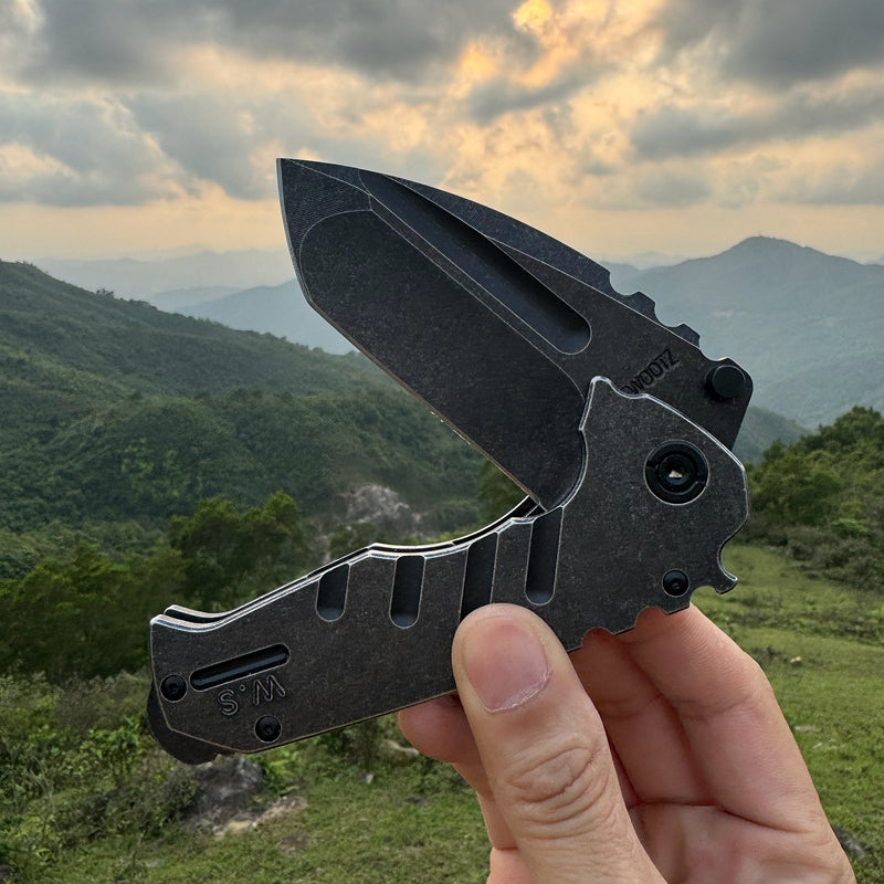 Outdoor Unique EDC  Folding Knife, Assisted Open Aus-8 Steel  Black Stone Wash Black Blade, Steel Handle