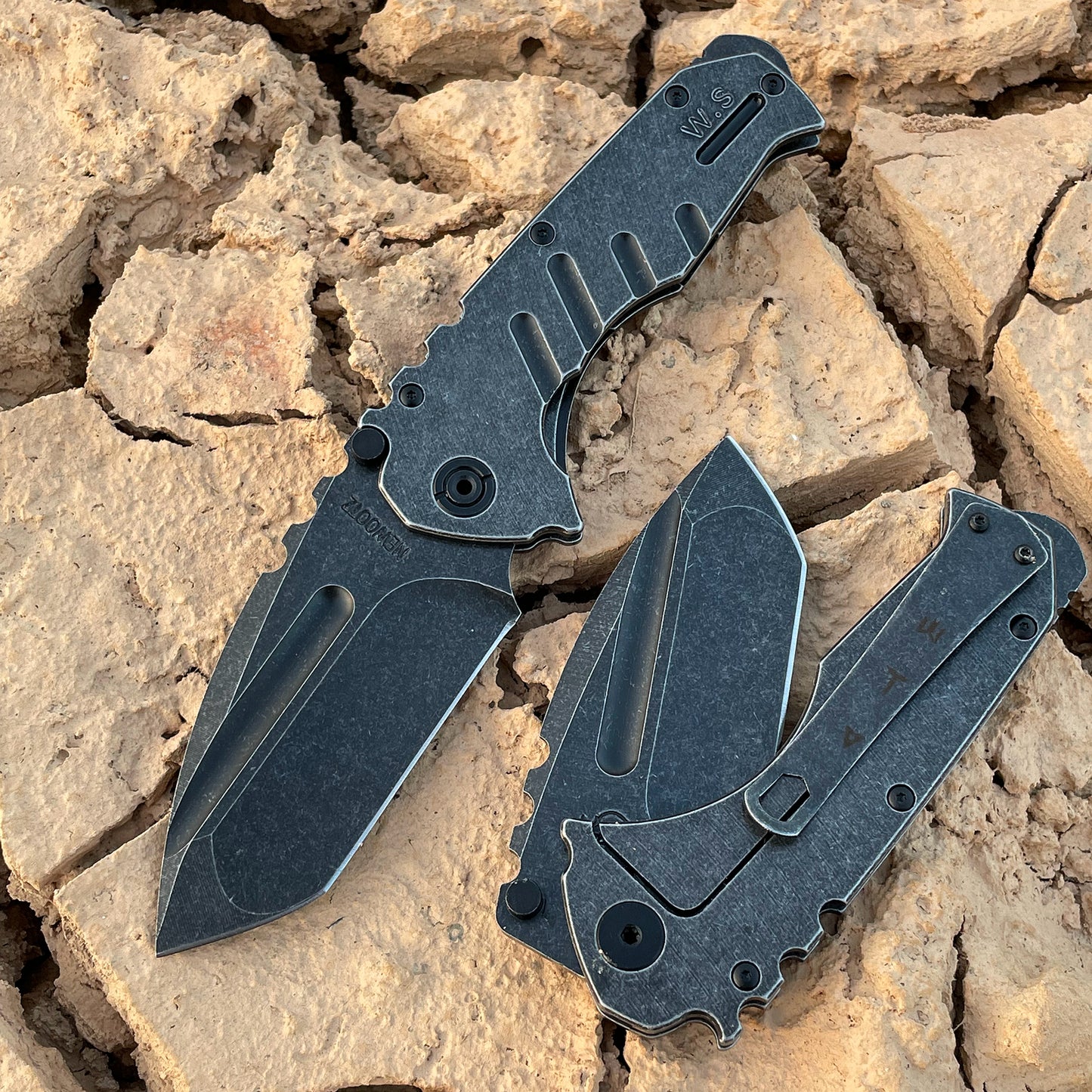 Outdoor Unique EDC  Folding Knife, Assisted Open Aus-8 Steel  Black Stone Wash Black Blade, Steel Handle