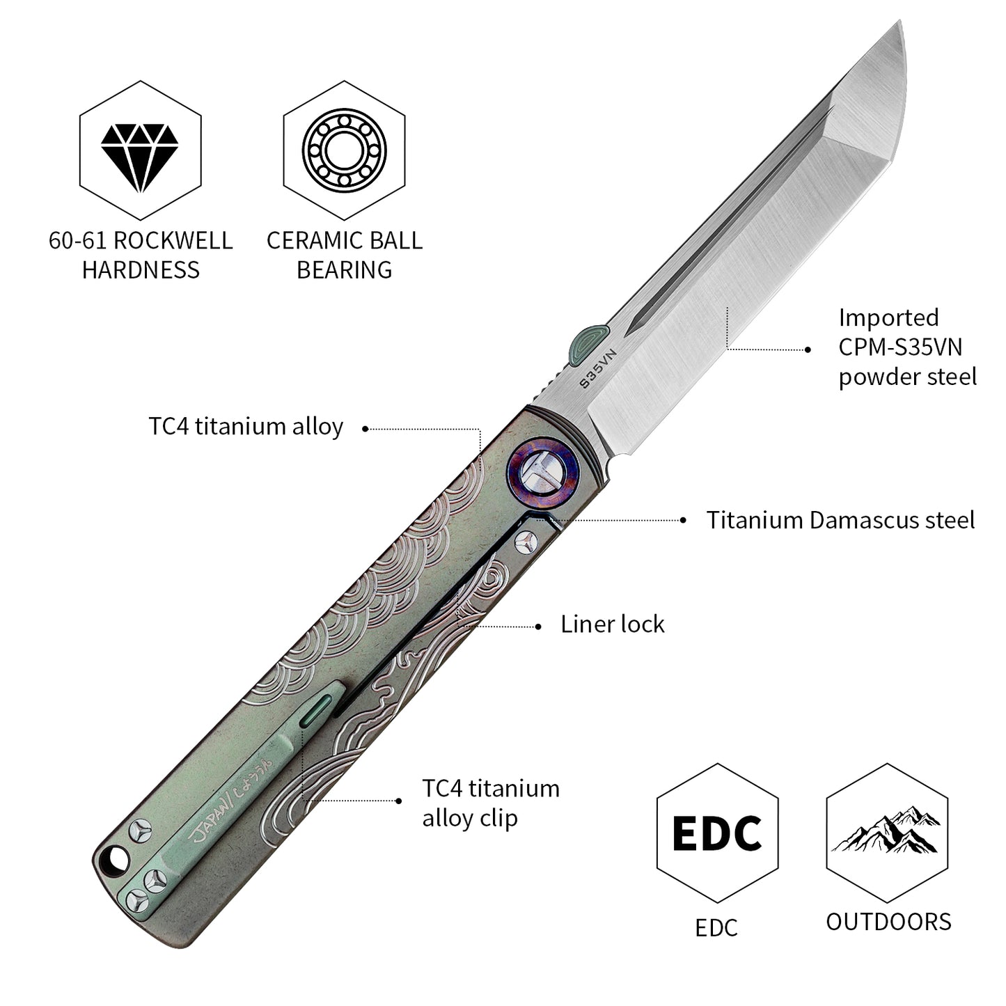 Multipurpose Folding Pocket Knife,CPM-S35VN Powder Steel, TC4 Titanium Alloy Handle